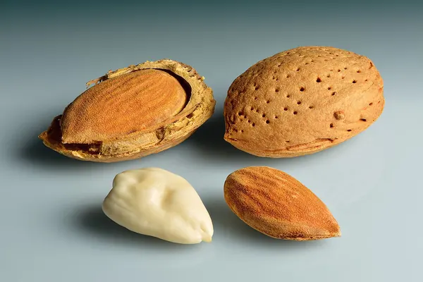 Almonds in the shell, cracked open, shelled and blanched