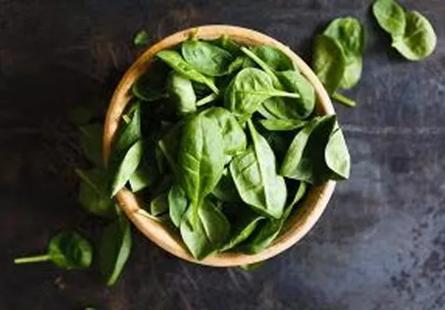 Spinach leaves in a wooden bowl, a natural food source of alpha lipoic acid