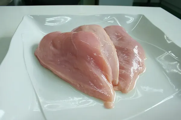 Raw chicken breast slices on a plate