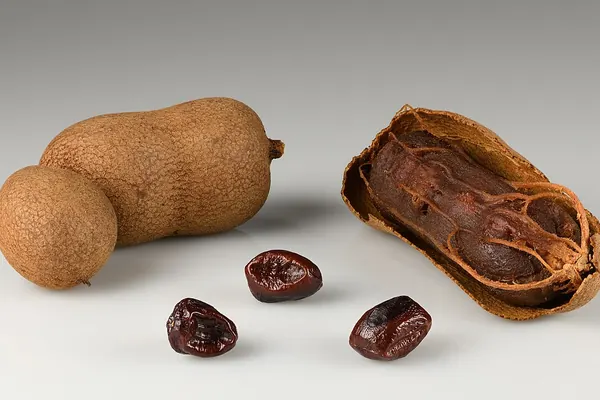 Whole and opened tamarind pods with seeds