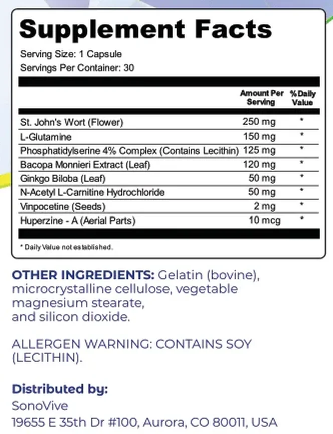 SonoVive Supplement Facts label